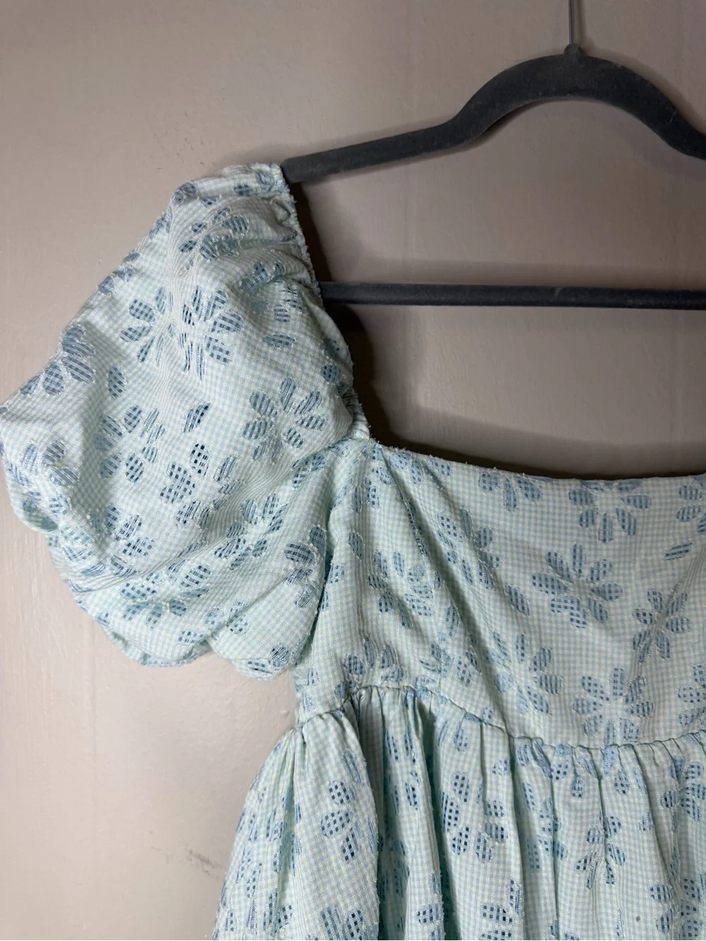 Storia Mini Mint Green Gingham Pattern Square Neck Babydoll Dress Size Small